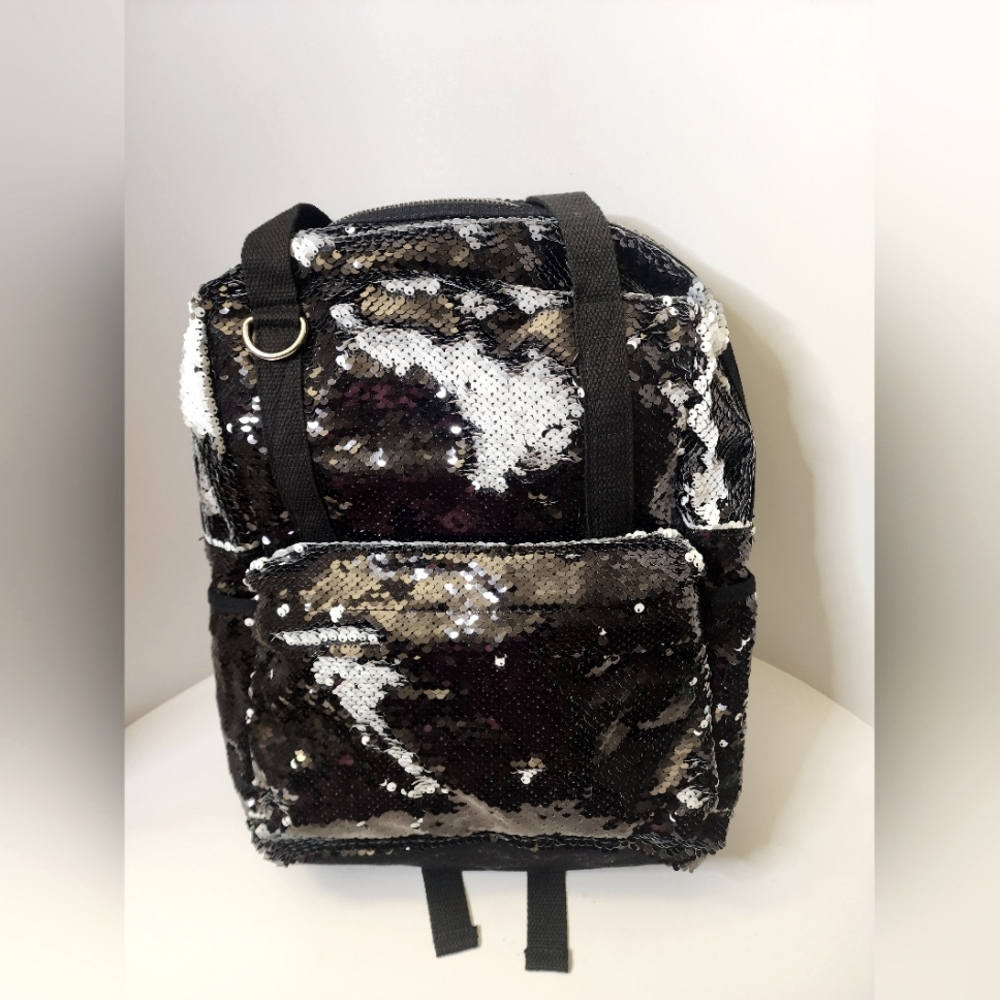 Black and White Sequin Backpack with Adjustable Straps